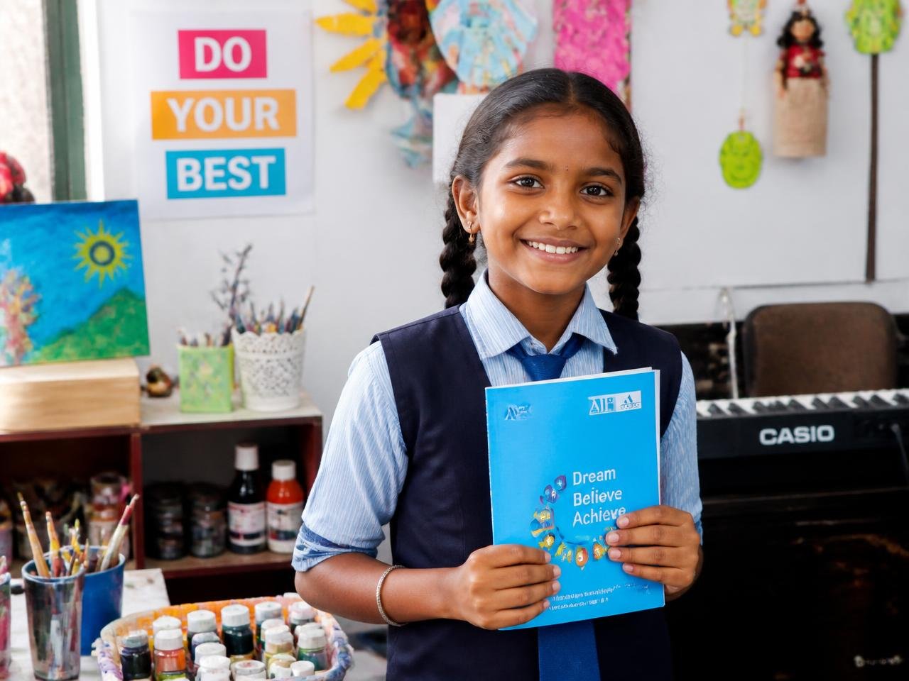 A young girl in school uniform holding her Talent Passport booklet