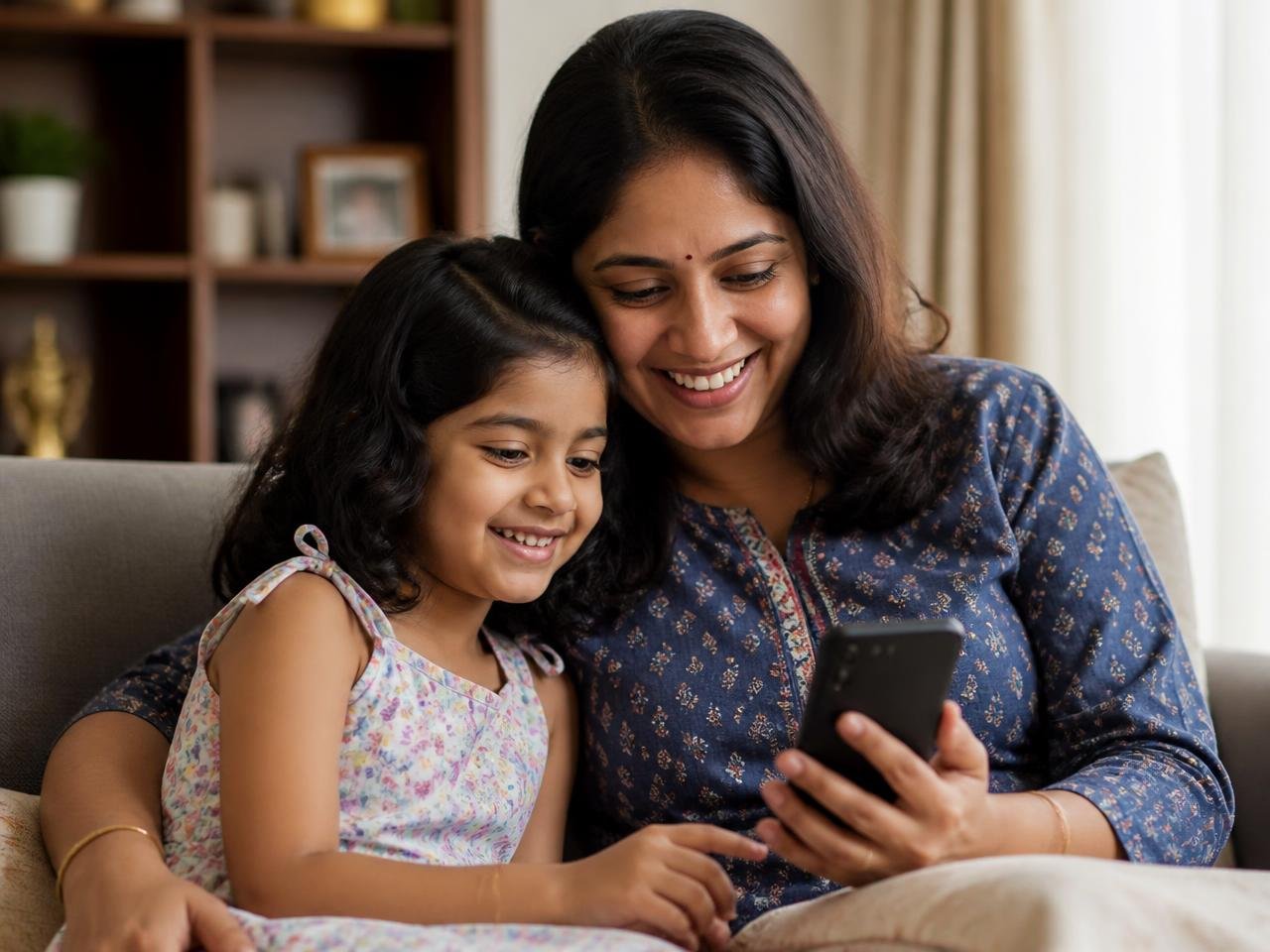 An Indian mother and her daughter looking at the Talent Passport together on a phone