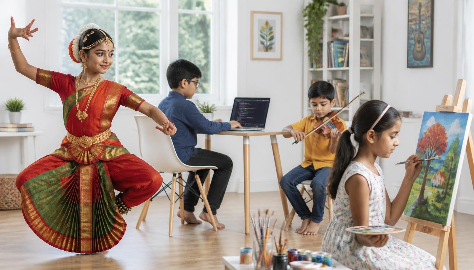 Children practising Bharatanatyam, coding, violin and painting in a bright studio