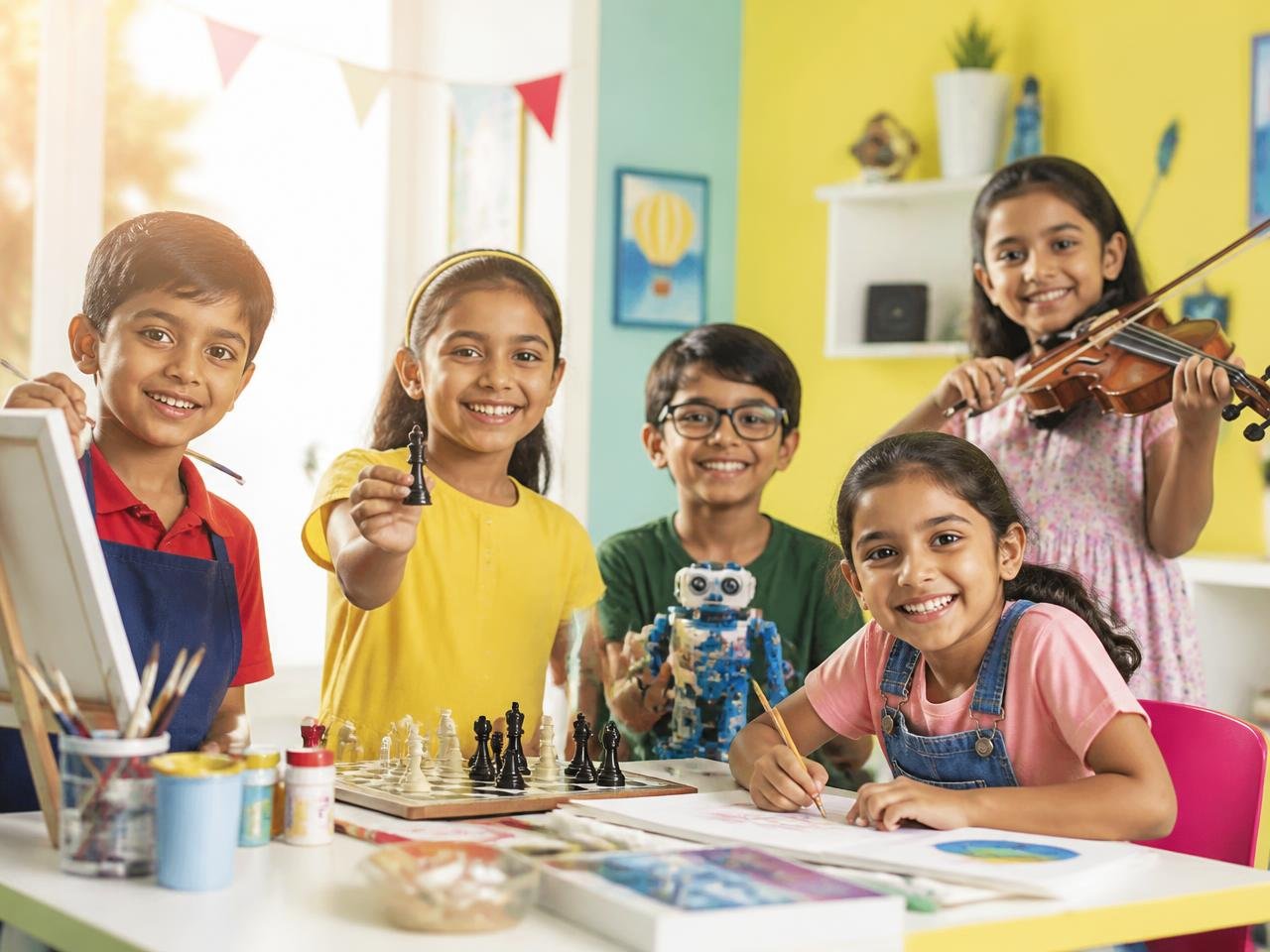 Indian children painting, playing chess, building a robot kit and practising the violin together